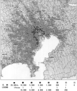 図1 地域メッシュ統計図 階級メッシュ・マップ(その1 人口、世帯、産業)首都圏(総務庁統計局)